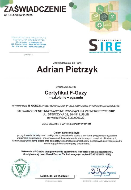 Certyfikat F-gazy szkolenie i egzamin UDT