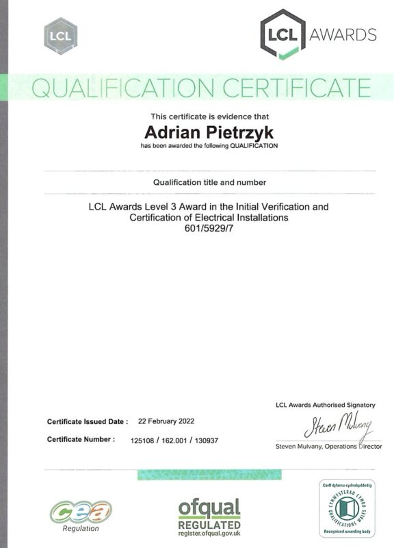 Certyfikat LCL Awards poziom 3 kwalifikacje elektryczne