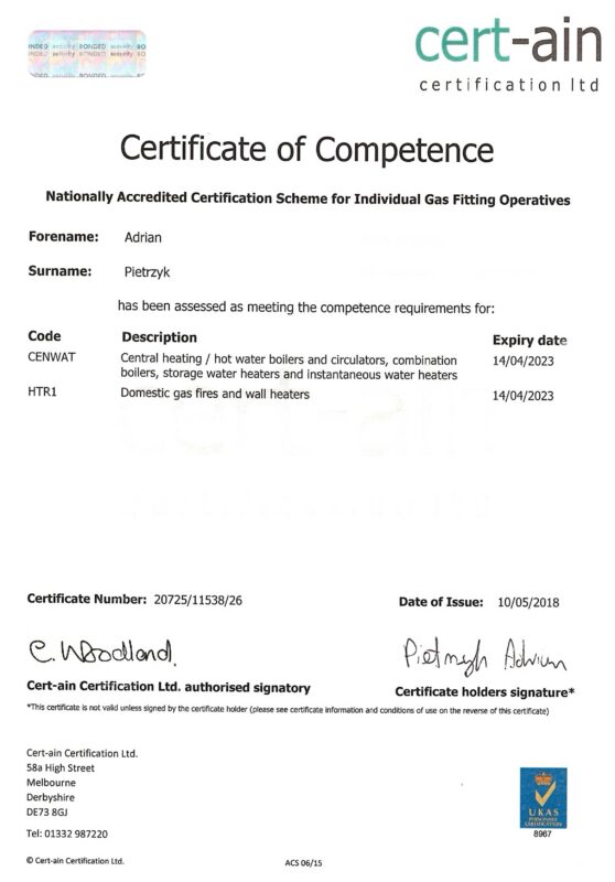 Certyfikat kwalifikacji instalatora gazu i kotłów gazowych BluethermX