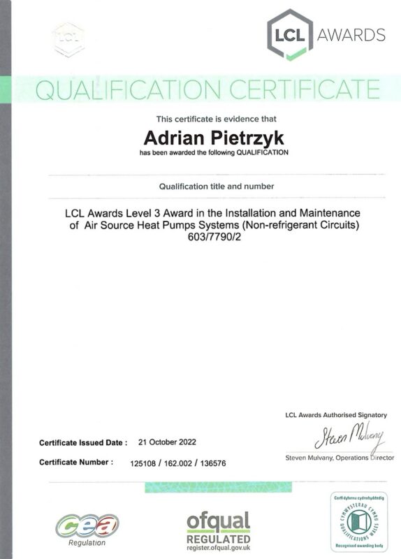 Certyfikat LCL Awards montaż i serwis pomp ciepła powietrze woda