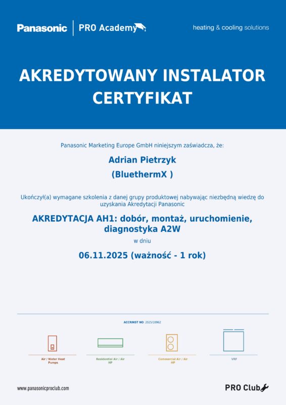 Certyfikat Panasonic akredytowany instalator pomp ciepła