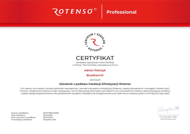 Certyfikat Rotenso instalator klimatyzacji