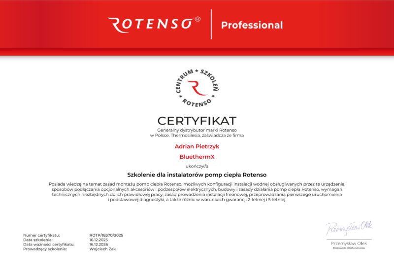 Certyfikat Rotenso instalator pomp ciepła