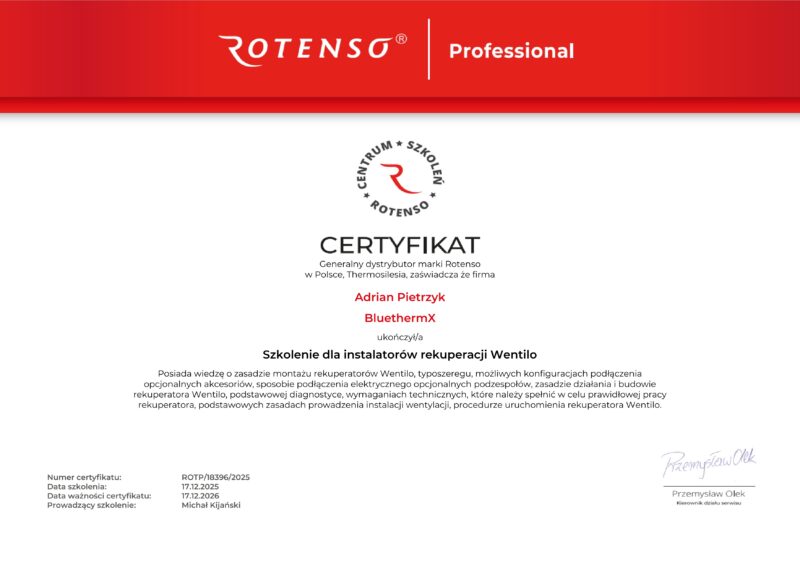 Certyfikat Rotenso Ventilo instalator rekuperacji