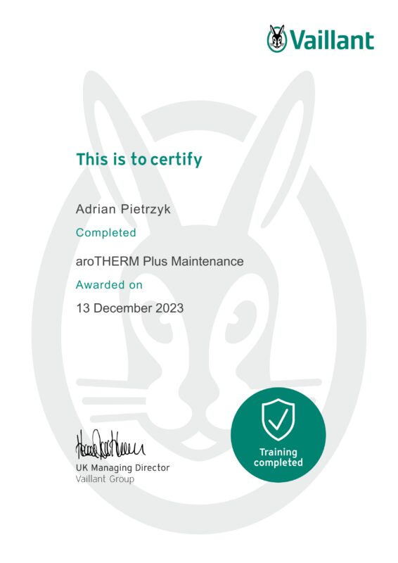 Certyfikat Vaillant aroTHERM plus konserwacja i serwis