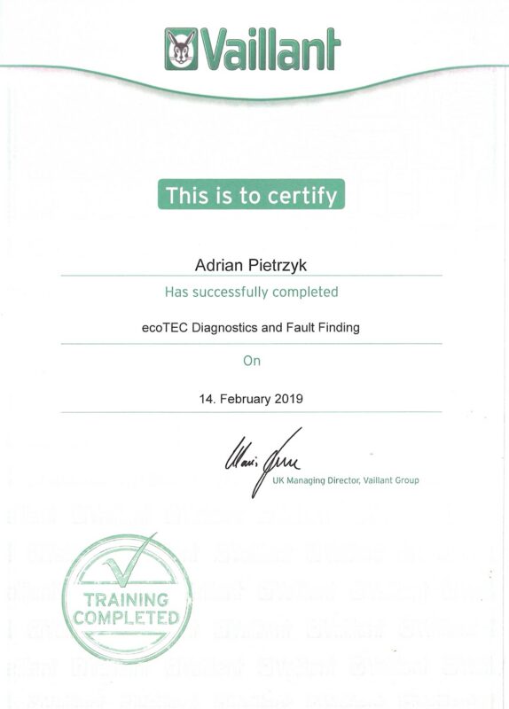 Certyfikat Vaillant ecoTEC diagnostyka usterek kotłów gazowych