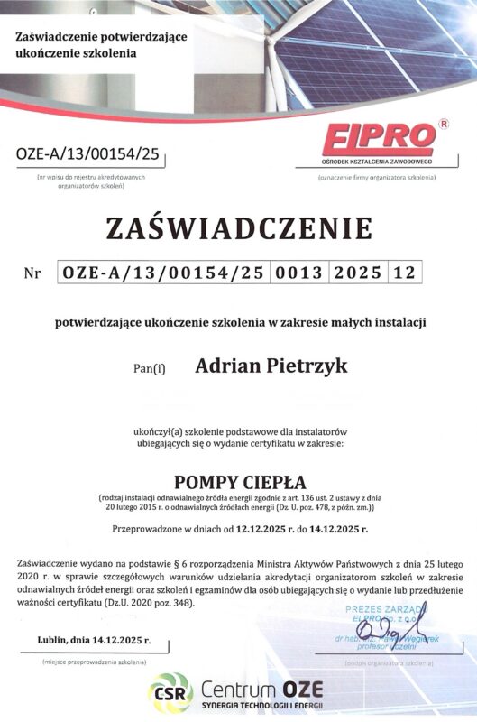 Zaświadczenie OZE pompy ciepła szkolenie instalatora