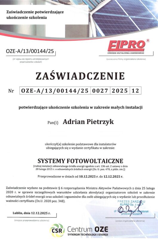 Zaświadczenie OZE systemy fotowoltaiczne szkolenie instalatora