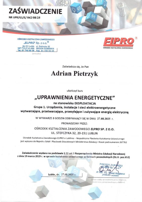 Zaświadczenie uprawnień energetycznych G1 eksploatacja