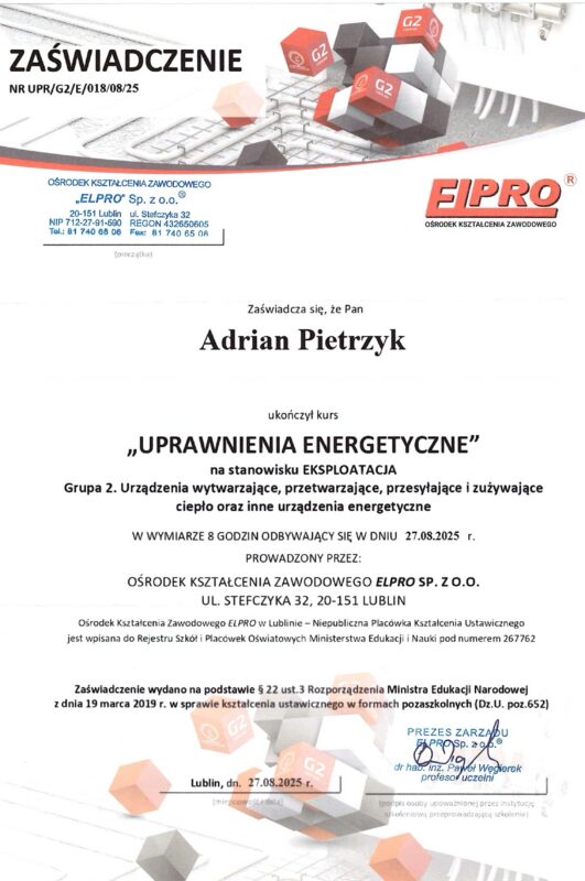 Zaświadczenie uprawnień energetycznych G2 eksploatacja urządzeń cieplnych