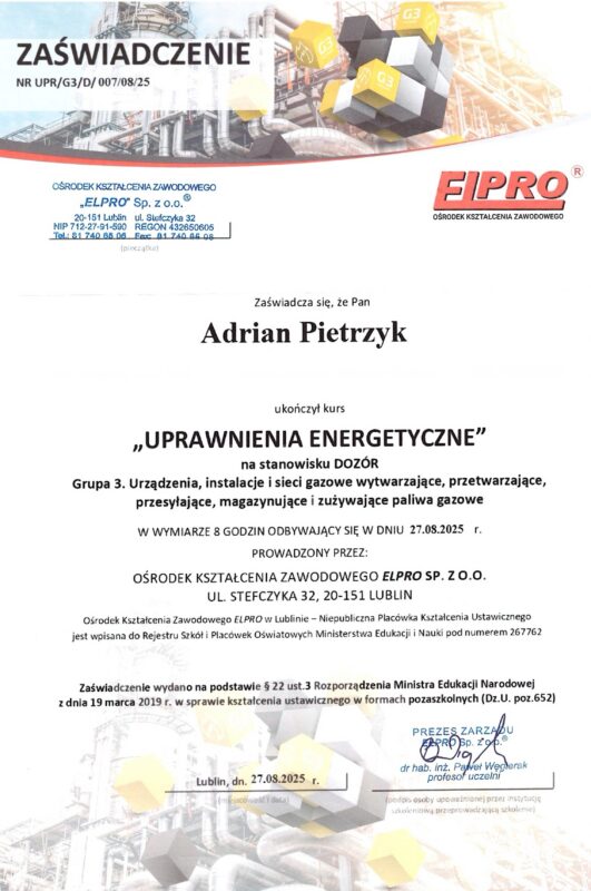 Zaświadczenie uprawnień energetycznych G3 dozór instalacji gazowych