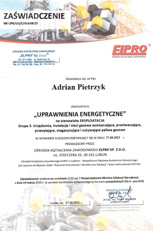 Zaświadczenie uprawnień energetycznych G3 eksploatacja instalacji gazowych
